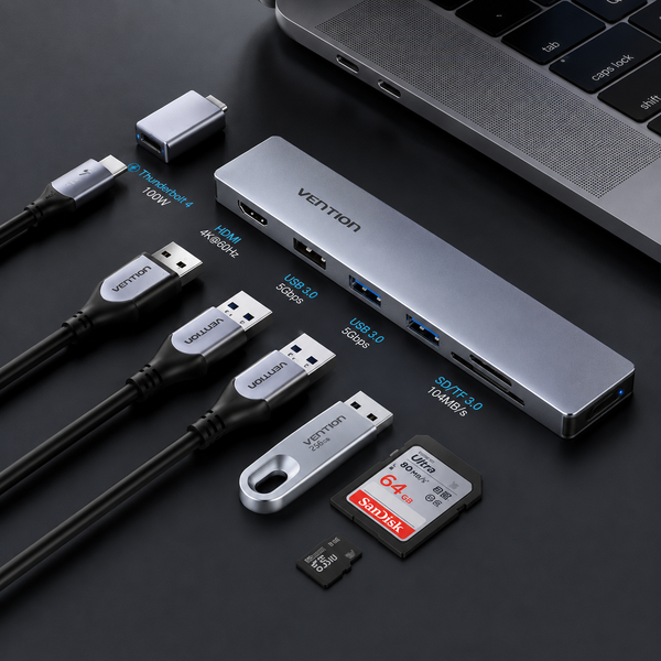 Hub USB-C 7-en-1 MacBook HDMI 4K USB 3.0 lecteur SD aluminium