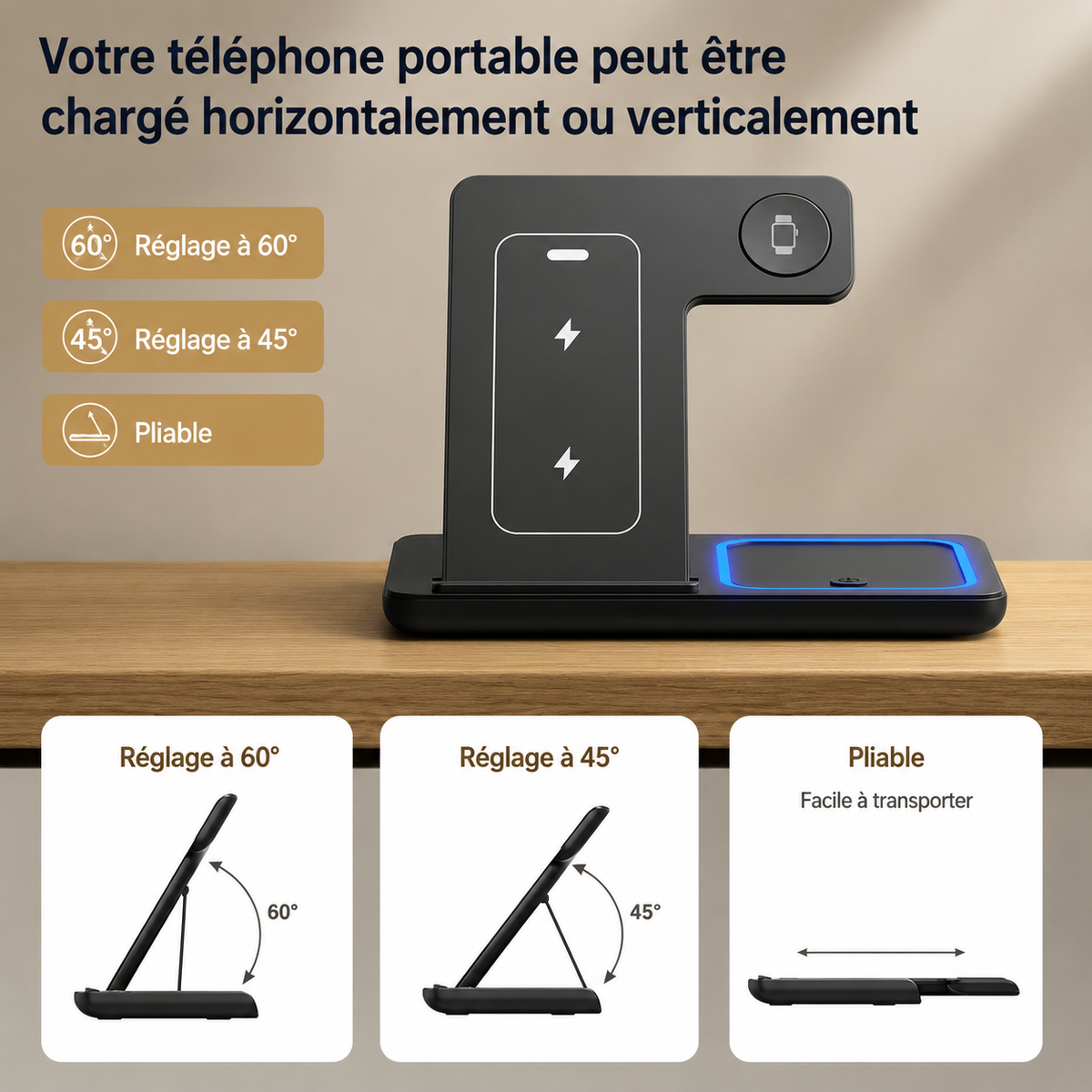 Station de charge sans fil 3-en-1 pliable vue d’ensemble