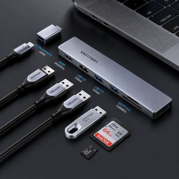 Hub USB-C 7-en-1 MacBook HDMI 4K USB 3.0 lecteur SD aluminium
