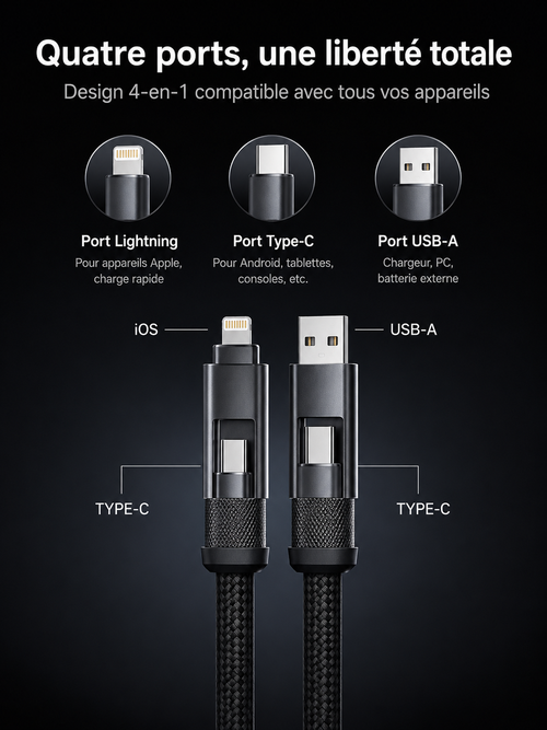 Câble magnétique 3-en-1 USB-C Lightning Micro-USB nylon tressé