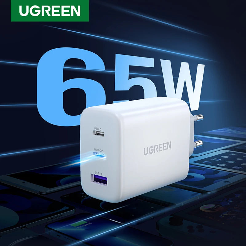 Chargeur GaN 65W ultra-compact UGREEN — 3 ports USB-C MacBook iPhone